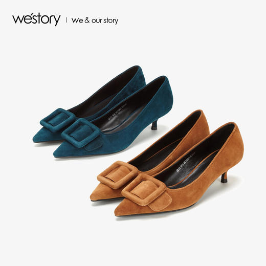 westory商场同款羊皮方扣金典百搭职场社交低跟尖头女单鞋W283E70631 商品图1