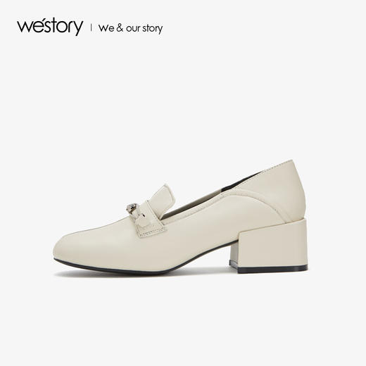 westory商场同款深口皮面单鞋金属扣带方头粗跟女鞋W283M70611 商品图1