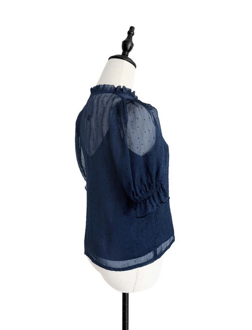 TYNVIE 泡泡袖花边领口衬衫 - 藏青波点 商品图2