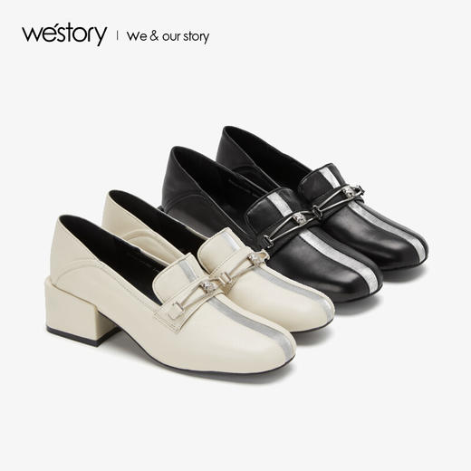 westory商场同款深口皮面单鞋金属扣带方头粗跟女鞋W283M70611 商品图2