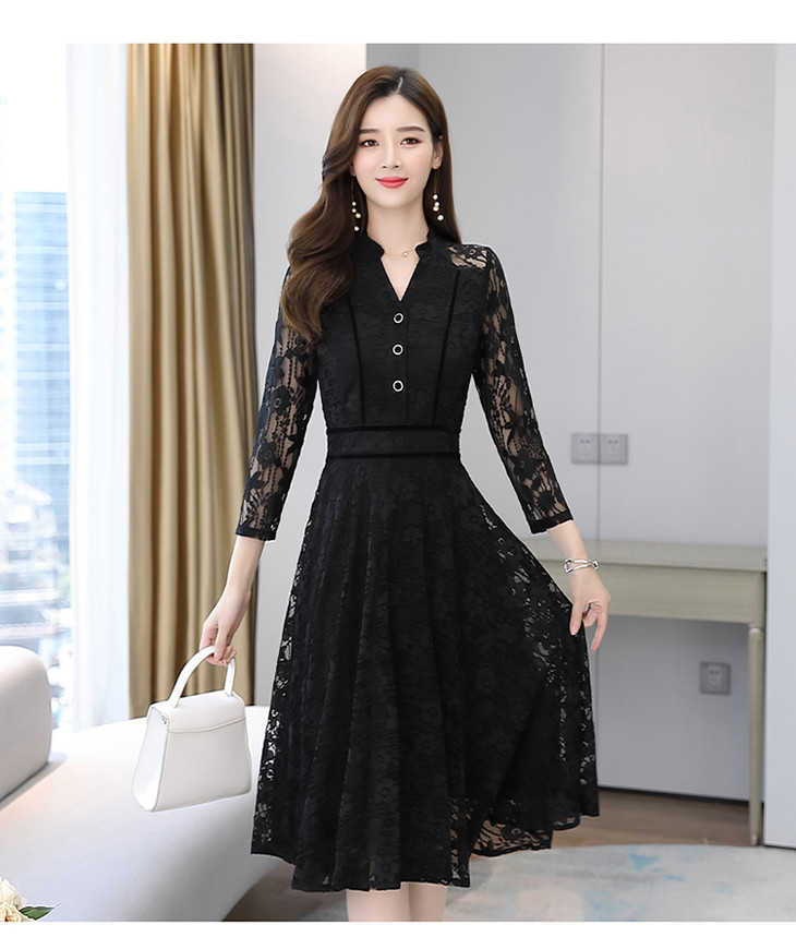 时尚气质蕾丝镂空收腰显瘦v领连衣裙hrmljl6613