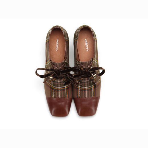 westory商场专柜同款英伦复古格纹粗跟系带休闲鞋方头中跟单鞋女W283M70371 商品图3