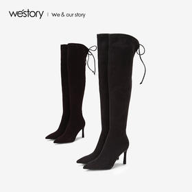 westory商场同款冬靴弹力布长筒女靴尖头高跟瘦瘦靴W284Q80641