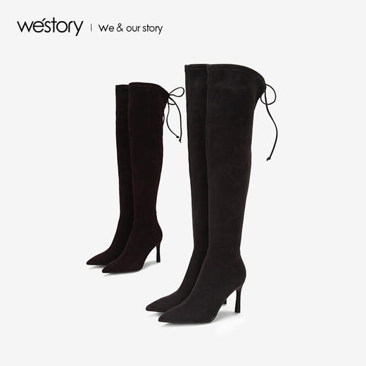 westory商场同款冬靴弹力布长筒女靴尖头高跟瘦瘦靴W284Q80641 商品图0