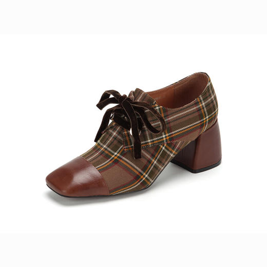 westory商场专柜同款英伦复古格纹粗跟系带休闲鞋方头中跟单鞋女W283M70371 商品图0