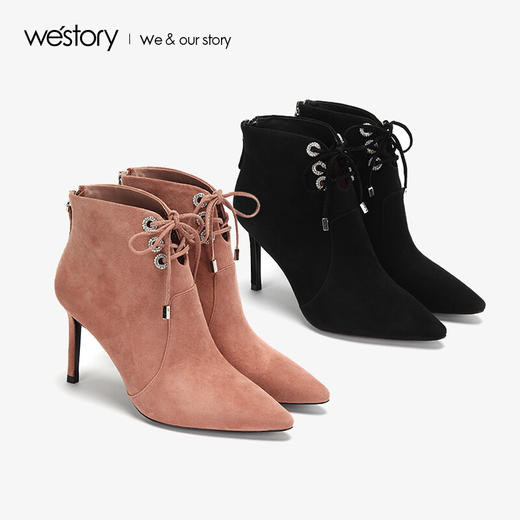 westory商场同款冬季绒面系带时尚短靴尖头细跟女靴子高跟鞋W284S80541 商品图1