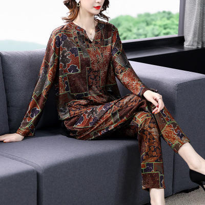 AHM 9140 套装女2020新款中老年女装长袖长款时尚气质优雅复古印花两件套装【优】 商品图4