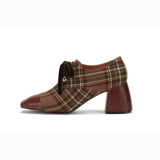 westory商场专柜同款英伦复古格纹粗跟系带休闲鞋方头中跟单鞋女W283M70371 商品图1