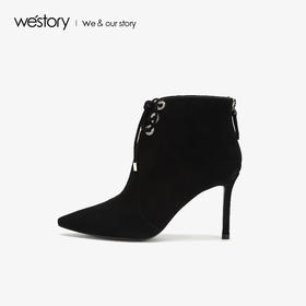westory商场同款冬季绒面系带时尚短靴尖头细跟女靴子高跟鞋W284S80541