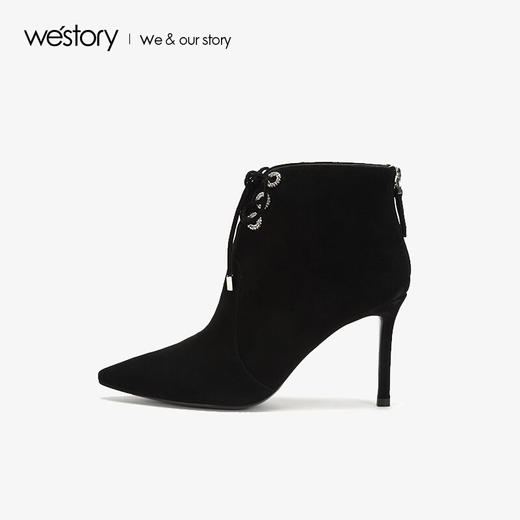 westory商场同款冬季绒面系带时尚短靴尖头细跟女靴子高跟鞋W284S80541 商品图0