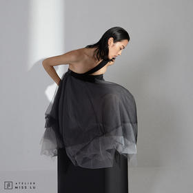 【酷仙女】西装领口斜肩带多层渐变黑纱礼裙