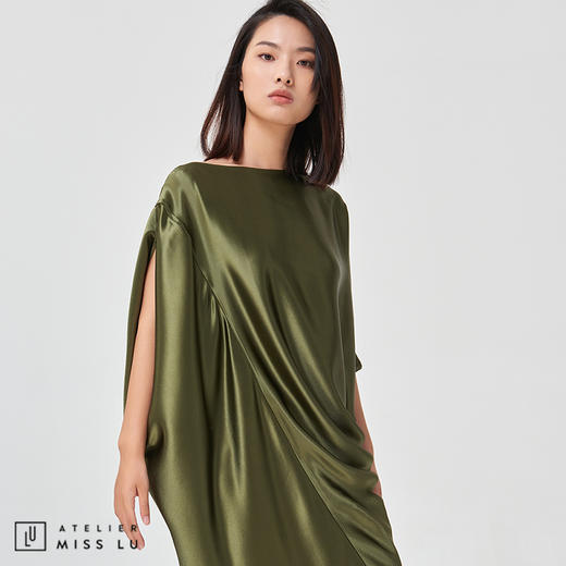 【丝缎霓裳】月光绿丝缎质感立裁不规则连衣裙 商品图2