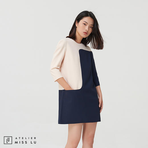 AtelierMissLu-【自有自在】 色块拼接不对称设计连身裙 商品图0