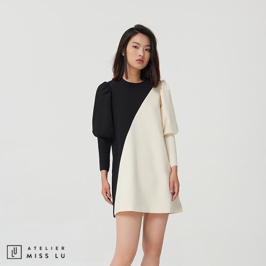 AtelierMissLu-【小俏皮大气场】 斜线拼色廓形袖连身裙 商品图3