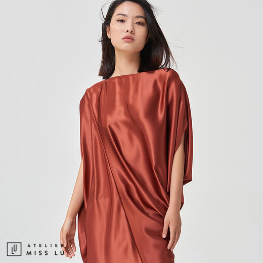 【丝缎霓裳】红铜色丝缎质感立裁不规则连衣裙 商品图0
