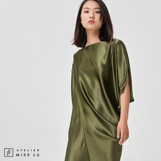 【丝缎霓裳】月光绿丝缎质感立裁不规则连衣裙 商品图3