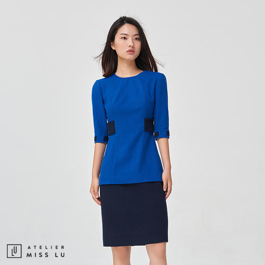 【复古迷情】复古宝蓝拼色收腰简洁款通勤羊毛连衣裙 商品图2