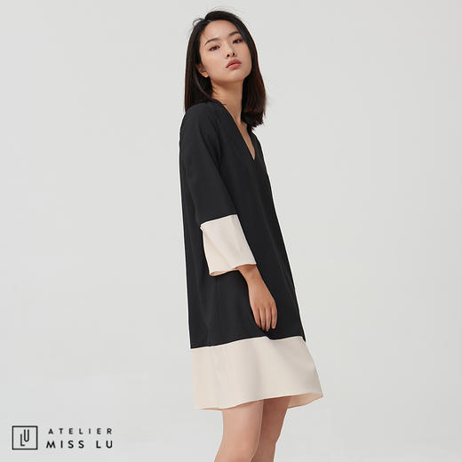 AtelierMissLu-【优雅之上】 黑白拼色简洁款连身裙 商品图1