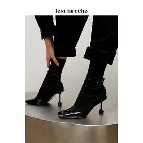 【微瑕疵不退不换】lost in echo 设计师原创 小方头牛皮拼接双球跟袜靴