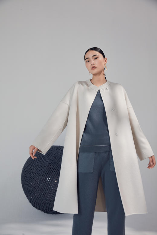  秋冬 女装中式领水波纹羊绒呢大衣 SJF92W822N 商品图2