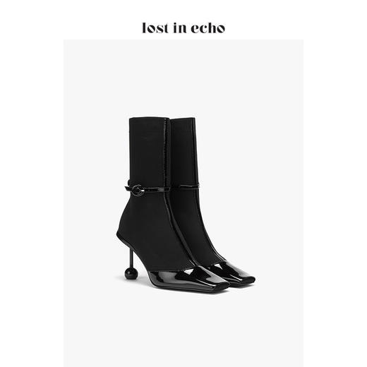 【微瑕疵不退不换】lost in echo 设计师原创 小方头牛皮拼接双球跟袜靴 商品图1