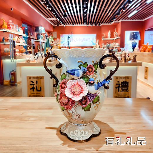 喜鹊与杜鹃花 花瓶 釉上九彩 时尚 大气 精致 摆件 商品图3