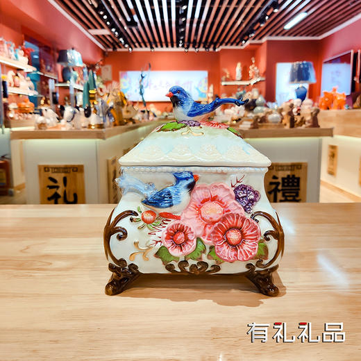 喜鹊与杜鹃花 茶盒/珠宝盒 大 釉上九彩 时尚 大气 精致 收纳 摆件 商品图0