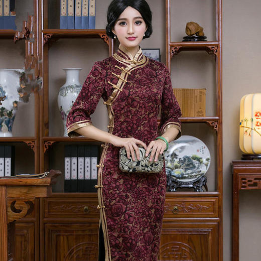 FD-QC1697201 新款高端复古真丝长款旗袍 商品图0