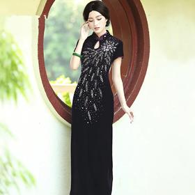 高档丝绒钉珠长款妈妈中式旗袍HZ-818