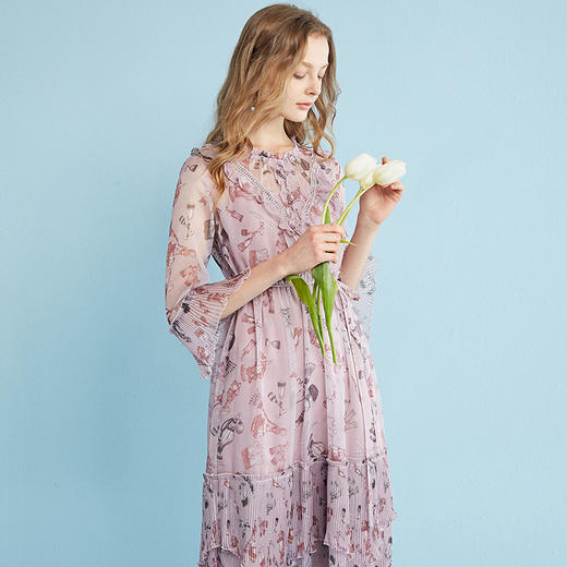 欧芮儿 风琴百褶收腰印花荷叶边雪纺连衣裙女中袖裙子 商品图2