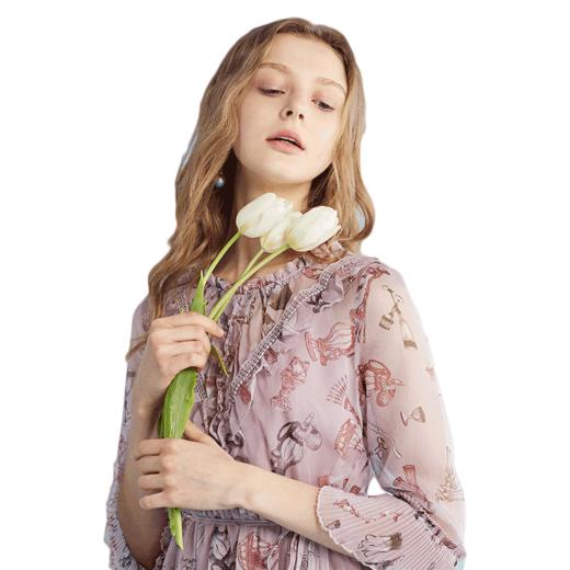 欧芮儿 风琴百褶收腰印花荷叶边雪纺连衣裙女中袖裙子 商品图4