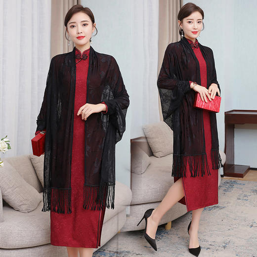 AHM-djgx8087-1+8129新款长袖中长款气质优雅复古提花流苏披肩两件套装 商品图3