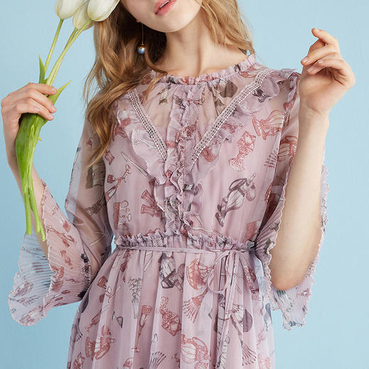 欧芮儿 风琴百褶收腰印花荷叶边雪纺连衣裙女中袖裙子 商品图3