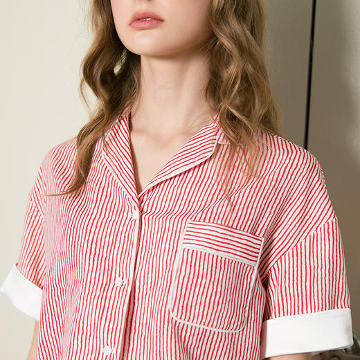 欧芮儿条纹衬衫裙女蕾丝系带收腰连衣裙女夏中长07XLB3100 商品图3