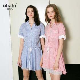 欧芮儿条纹衬衫裙女蕾丝系带收腰连衣裙女夏中长07XLB3100