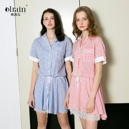 欧芮儿条纹衬衫裙女蕾丝系带收腰连衣裙女夏中长07XLB3100 商品图0