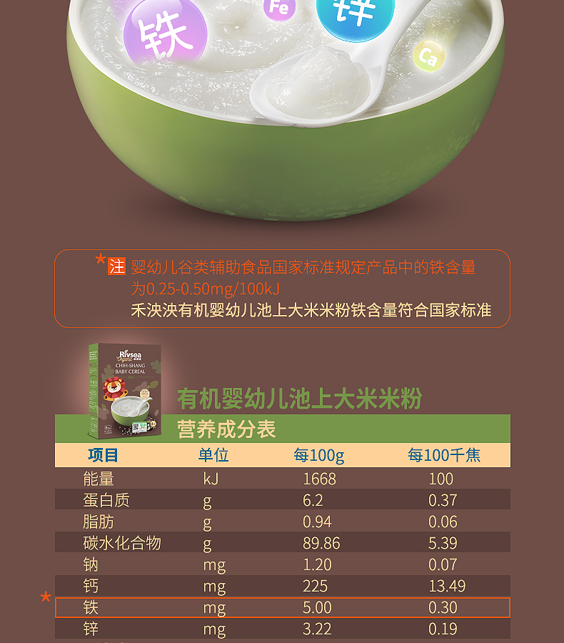 禾泱泱进口有机高铁米粉婴儿米糊宝宝辅食营养原味米粉160g