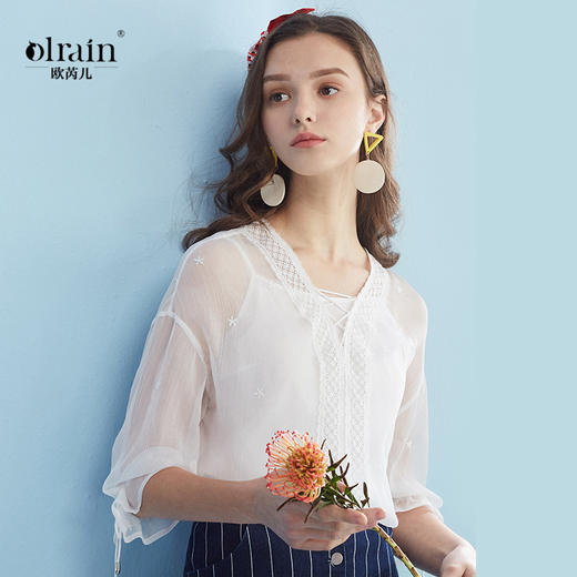 欧芮儿夏女装绣花透视衫绑带蕾丝花边上衣V领白色雪纺衫女 商品图0