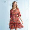 欧芮儿 夏装新款红色碎花雪纺连衣裙V领印花收腰a字中长款裙子07XLB3893 商品缩略图1