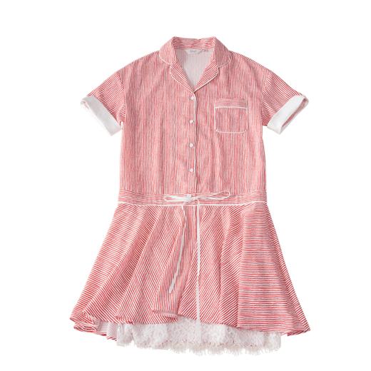 欧芮儿条纹衬衫裙女蕾丝系带收腰连衣裙女夏中长07XLB3100 商品图4