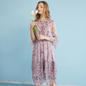 欧芮儿 风琴百褶收腰印花荷叶边雪纺连衣裙女中袖裙子