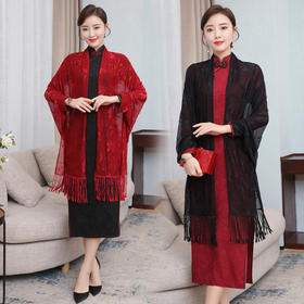 AHM-djgx8087-1+8129新款长袖中长款气质优雅复古提花流苏披肩两件套装