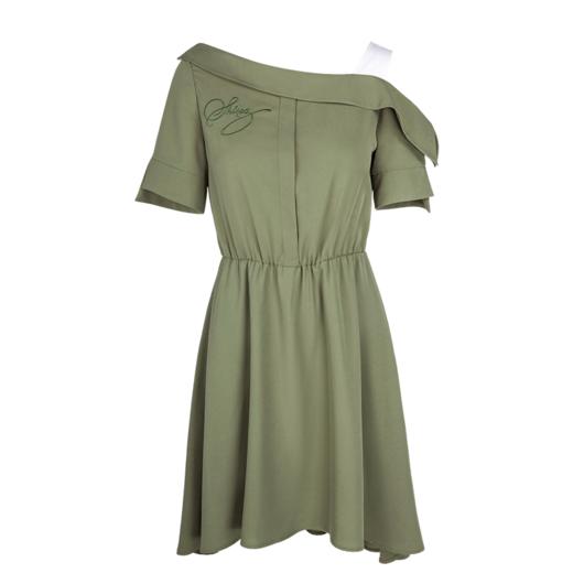 欧芮儿 新款收腰显瘦短袖不规则露肩连衣裙女中长款绿色裙子 商品图4