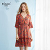欧芮儿 夏装新款红色碎花雪纺连衣裙V领印花收腰a字中长款裙子07XLB3893 商品缩略图0