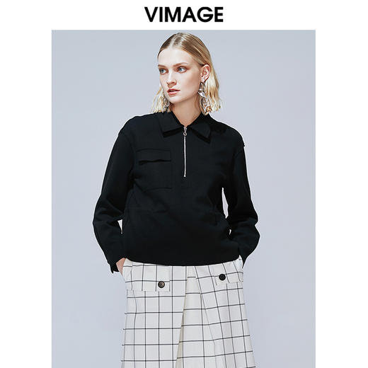  VIMAGE纬漫纪秋款时尚休闲舒适翻领纯色显瘦百搭卫衣上衣女V1413013 商品图3