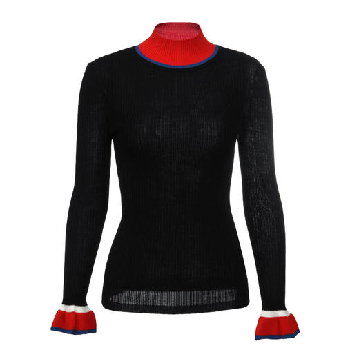 VIMAGE纬漫纪时尚撞色喇叭袖半高领打底针织衫女修身V1201803 商品图4