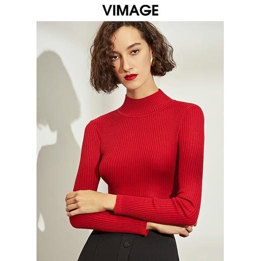 VIMAGE纬漫纪春季新款简约百搭基础款纯色半高领针织打底衫女V1201804 商品图3