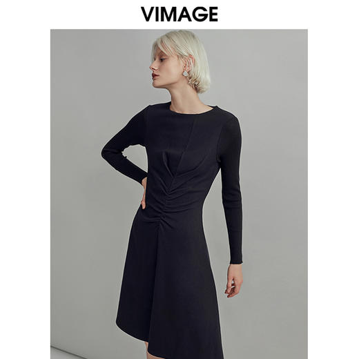 VIMAGE纬漫纪秋款时尚通勤褶皱收腰显瘦修身百搭连衣裙女V1407052 商品图2
