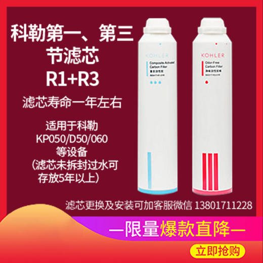  科勒（KOHLER）可瑞芙净水机常换两支滤芯组合复合活性炭K-80041T-R1-01R+K-80041T-R3-01R 商品图1