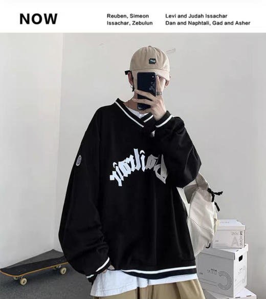 春秋季美式街头复古字母棒球风oversize卫衣男港风ins上衣潮 商品图2